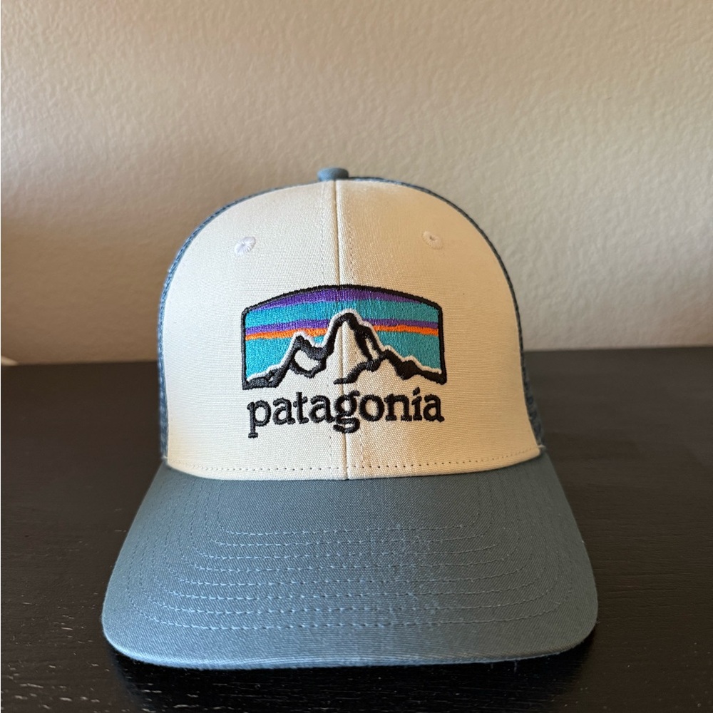 Patagonia Cream and Blue Cap with Mountain Design